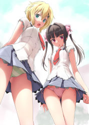 Rule 34 | 2girls, akatsuki kirika, arms at sides, arms behind back, black hair, blonde hair, blue skirt, blue sky, blunt bangs, bow, bow panties, breasts, cameltoe, day, flat chest, from below, gluteal fold, green eyes, green panties, hair between eyes, hair bow, hair ornament, hairclip, highres, long hair, looking at viewer, miniskirt, multiple girls, necktie, open mouth, outdoors, panties, pantyshot, pink bow, pink panties, pleated skirt, purple eyes, red neckwear, school uniform, senki zesshou symphogear, shirt, short hair, short sleeves, side-tie panties, skirt, sky, small breasts, standing, striped clothes, striped panties, tamahiyo, tsukuyomi shirabe, twintails, underwear, upskirt, white shirt