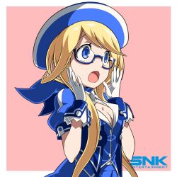 Rule 34 | 1girl, ascot, beret, blonde hair, blue-framed eyewear, blue ascot, blue eyes, blue hat, cleavage cutout, clothing cutout, enta girl, falcoon, glasses, gloves, hat, highres, jacket, logo, mascot, official art, open mouth, pink background, puffy short sleeves, puffy sleeves, semi-rimless eyewear, short sleeves, simple background, snk, solo, surprised, upper body
