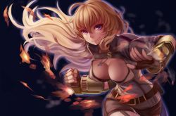 Rule 34 | 1girl, ahoge, belt, blonde hair, breasts, cleavage, fighting stance, fingerless gloves, floating hair, gloves, highres, hrtyuk, jewelry, large breasts, long hair, looking at viewer, necklace, purple eyes, rwby, short hair, smile, solo, yang xiao long