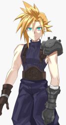 Rule 34 | 1boy, armor, bandaged arm, bandages, belt, blonde hair, blue eyes, blue pants, blue sweater, brown gloves, clenched hand, cloud strife, earrings, final fantasy, final fantasy vii, gloves, grey background, highres, jewelry, keiseki1, leather belt, looking at viewer, male focus, pants, pauldrons, puffy pants, serious, short hair, shoulder armor, simple background, single bracer, single pauldron, sleeveless, sleeveless turtleneck, solo, spiked hair, spiked pauldrons, stud earrings, suspenders, sweater, turtleneck, upper body