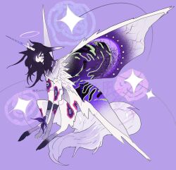 Rule 34 | abstract background, animal ears, full body, green wings, hair over one eye, highres, horns, kamikiririp, monster, multicolored wings, no humans, original, purple background, purple hair, purple tail, purple wings, sitting, solo, tail, white fur, white tail, white wings, wings