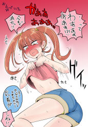 Rule 34 | 1girl, accidental exposure, ahoge, ass, blush, breasts, brown eyes, brown hair, clothes lift, denim, denim shorts, female focus, guglielmo, highres, long hair, nipples, no bra, original, panties, partially translated, shirt lift, shorts, small breasts, solo, translation request, twintails, underwear, will kei, yellow panties