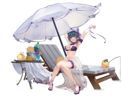 Rule 34 | 1girl, ;d, animal ears, arm garter, armpits, arms up, azur lane, bare legs, beach umbrella, bikini, bird, black hair, breasts, bucket, cat ears, chair, cheshire (azur lane), cheshire (summery date!) (azur lane), chick, choker, cleavage, cup, drinking glass, eyewear on head, fake animal ears, fang, fishing, fishing rod, highres, large breasts, bridal garter, looking at viewer, lounge chair, manjuu (azur lane), multicolored hair, nail polish, navel, no panties, official alternate costume, official art, one eye closed, open mouth, purple bikini, sarong, short hair, sitting, slippers, smile, soda bottle, solo, stomach, streaked hair, sunglasses, swimsuit, table, thighs, transparent background, tropical drink, umbrella, yyy (zelda10010)
