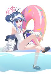 1girl :3 :d absurdres antenna_hair arm_support ass black_hair blue_archive commentary_request crossed_legs double_bun doughnut_innertube fubuki_(blue_archive) fubuki_(swimsuit)_(blue_archive) hair_between_eyes hair_bun halo highres jacket long_hair looking_at_viewer multicolored_clothes multicolored_hair multicolored_jacket official_alternate_costume official_alternate_hairstyle open_clothes open_jacket open_mouth pool poolside purple_armband red_eyes sidelocks simple_background sitting slippers smile solo streaked_hair taktori two-tone_hair two-tone_jacket visor_cap whistle whistle_around_neck white_background