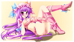 Rule 34 | 1girl, :d, ass, bespectacled, boots, bow, bow bra, bow panties, bra, breasts, female focus, glasses, hat, highres, kamiya tomoe, large breasts, leg lift, lingerie, long hair, lying, on back, open mouth, panties, patchouli knowledge, paw pose, purple-framed eyewear, purple eyes, purple hair, smile, solo, striped bra, striped clothes, striped panties, thighhighs, touhou, underwear, vertical-striped bra, vertical-striped clothes, vertical-striped panties, very long hair
