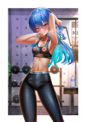 Rule 34 | 1girl, absurdres, alternate costume, armpits, arms up, blue eyes, blue hair, blush, border, bottle, breasts, breath, closed mouth, collarbone, commentary, earrings, exercise machine, feet out of frame, green ribbon, grey eyes, gym, hair ornament, hair ribbon, highres, hololive, hoshimachi suisei, indoors, jagoo, jewelry, long hair, looking at viewer, multicolored hair, nipple cutout, nipples, official alternate hair length, official alternate hairstyle, pants, plant, ribbon, small breasts, sports bra, sportswear, star (symbol), star hair ornament, stomach, sweat, two-tone hair, variant set, virtual youtuber, water bottle, weights, white border