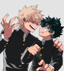 Rule 34 | 2boys, bakugou katsuki, black jacket, blonde hair, boku no hero academia, buttons, commentary request, closed eyes, freckles, gakuran, green eyes, green hair, grey background, hand on another&#039;s shoulder, hand up, highres, jacket, kai2 ly, long sleeves, looking at another, male focus, midoriya izuku, multiple boys, open mouth, school uniform, short hair, simple background, spiked hair, tears, upper body