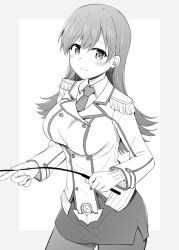 Rule 34 | 1girl, breasts, cosplay, double-breasted, epaulettes, greyscale, highres, jacket, kantai collection, katori (kancolle) (cosplay), katori (kancolle), large breasts, long hair, long sleeves, military, military uniform, miniskirt, monochrome, necktie, ooi (kancolle), pantyhose, pencil skirt, rui shi (rayze ray), shirt, skirt, smile, solo, uniform