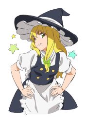 Rule 34 | 1girl, apron, black hat, black skirt, black vest, blonde hair, breasts, buttons, cropped legs, frilled apron, frilled hat, frills, grin, gyouza (mhea5724), hands on own hips, hat, highres, kirisame marisa, leaning forward, long hair, looking at viewer, puffy short sleeves, puffy sleeves, short sleeves, simple background, skirt, small breasts, smile, solo, star (symbol), touhou, turtleneck, vest, waist apron, white apron, white background, witch, witch hat, yellow eyes