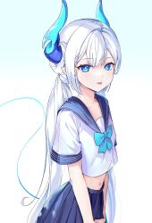 Rule 34 | 1girl, absurdres, alternate costume, blue bow, blue bowtie, blue eyes, blue horns, blue sailor collar, blue skirt, blush, bow, bowtie, demon girl, demon horns, demon tail, elsword, female focus, hair between eyes, highres, horns, long hair, looking at viewer, luciela r. sourcream, midriff, navel, pleated skirt, sailor collar, school uniform, shirt, short sleeves, simple background, skirt, solo, symbol-shaped pupils, tail, tanjel, tongue, tongue out, twintails, uniform, very long hair, white background, white hair, white shirt