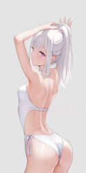Rule 34 | 1girl, absurdres, arms up, artist name, ass, bare arms, bare shoulders, blush, breasts, closed mouth, from behind, grey background, highleg, highleg swimsuit, highres, long hair, looking at viewer, looking back, mignon, one-piece swimsuit, original, purple eyes, shiny skin, shiro-chan (mignon), simple background, small breasts, solo, sweater, swimsuit, thighs, water, water drop, wet, white hair, white sweater