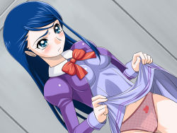 Rule 34 | 00s, 1girl, blue eyes, blue hair, blush, bow, breasts, clothes lift, dutch angle, embarrassed, groin, heart, heart print, legs, long hair, long sleeves, looking away, matching hair/eyes, minazuki karen, monteriakitto, panties, precure, raised eyebrows, school uniform, skirt, skirt lift, small breasts, solo, standing, thighs, underwear, yes! precure 5