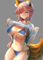 Rule 34 | 1girl, absurdres, animal ears, bikini, bikini under clothes, blue bikini, blush, breasts, cleavage, clothes lift, fate/grand order, fate (series), fox ears, fox tail, highres, hotate-chan, large breasts, long hair, looking at viewer, pink hair, shirt, shirt lift, side-tie bikini bottom, smile, solo, swimsuit, tail, tamamo (fate), tamamo (fate), tamamo no mae (fate/extra), tamamo no mae (swimsuit lancer) (fate), wet, wet clothes, wet shirt, yellow eyes