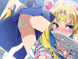 Rule 34 | 1girl, ass, bishoujo senshi sailor moon, blonde hair, blue eyes, blue sailor collar, blue skirt, blush, breasts, cleavage, covering own mouth, crescent, crescent earrings, derivative work, earrings, from below, gloves, hand over own mouth, jewelry, long hair, looking to the side, meme, mtu (orewamuzituda), multiple views, panties, photo (object), pleated skirt, sailor collar, sailor moon, sailor moon redraw challenge (meme), shirt, skirt, solo focus, tiara, tsukino usagi, twintails, underwear, upskirt, white gloves, white panties, white shirt