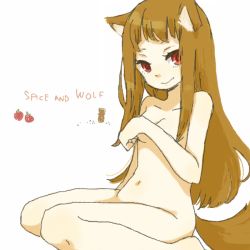 Rule 34 | 00s, 1girl, animal ears, apple, barefoot, breast hold, brown hair, covering privates, covering breasts, food, fruit, holo, kneeling, long hair, looking at viewer, nude, red eyes, sitting, smile, solo, spice and wolf, tail, wolf ears, wolf tail, yukke