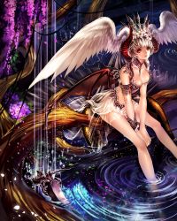Rule 34 | 1girl, albino, armlet, bad id, bad pixiv id, between breasts, breasts, crown, crying, demon wings, feathered wings, flower, hair flower, hair ornament, head wings, holding, holding weapon, horns, original, outdoors, petals, red eyes, ripples, scythe, see-through, short hair, sitting, skirt, soaking feet, solo, tail, tears, tree, weapon, wet, white hair, white wings, wings, yuuki (mnm217)