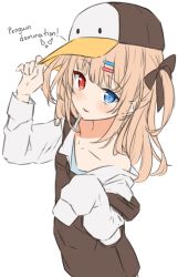 Rule 34 | 1girl, arm up, bare shoulders, baseball cap, blonde hair, blue eyes, blush, bow, brown bow, brown hat, brown jacket, collarbone, commentary, english commentary, english text, hair bow, hair ornament, hairclip, hand on headwear, hat, heterochromia, hitsukuya, jacket, long hair, long sleeves, looking at viewer, off shoulder, one side up, original, parted lips, penguin hat, red eyes, simple background, sleeves past fingers, sleeves past wrists, solo, upper body, white background
