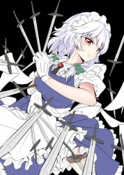 Rule 34 | 1girl, apron, between fingers, black background, blush, boots, breasts, collared shirt, commentary request, dress, frilled dress, frills, gloves, green ribbon, hair between eyes, hair ribbon, holding, holding knife, holster, izayoi sakuya, knife, knife sheath, knife sheath, knives between fingers, looking to the side, maid, maid apron, maid headdress, medium breasts, puffy short sleeves, puffy sleeves, red eyes, ribbon, sheath, shirt, short hair, short sleeves, silver hair, simple background, solo, takinohamira, thigh holster, touhou, tress ribbon, twintails, white gloves