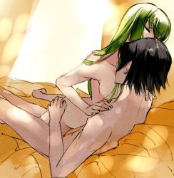 Rule 34 | 1boy, 1girl, breasts, c.c., code geass, collarbone, completely nude, closed eyes, girl on top, green hair, hand on another&#039;s ass, hands on another&#039;s shoulders, hetero, lelouch vi britannia, long hair, medium breasts, meimi k, nude, sex, thighs