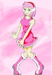 Rule 34 | 1girl, amy rose, dress, green eyes, personification, pink dress, pink hair, smile, sonic (series)