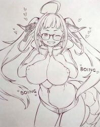 Rule 34 | 1girl, ahoge, bouncing breasts, breasts, commentary, dragon girl, dragon horns, english commentary, glasses, grin, heart, highres, hololive, horns, jacket, kiryu coco, kiryu coco (loungewear), large breasts, long hair, long sleeves, looking at viewer, nipples, one eye closed, smile, solo, track jacket, tsukareta san, virtual youtuber