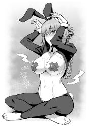 Rule 34 | 1girl, absurdres, animal ears, barefoot, blush, braid, breasts, cleavage, covered erect nipples, fake animal ears, fate/grand order, fate (series), florence nightingale (fate), greyscale, highres, indian style, leotard, long hair, meme attire, mik yanase, monochrome, navel, pasties, playboy bunny, rabbit ears, rabbit tail, reverse bunnysuit, reverse outfit, sitting, solo, sweat, tail, tape, tape on nipples