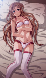 Rule 34 | 10s, 1girl, asuna (sao), bed, blush, bow, bow panties, bra, breasts, brown eyes, brown hair, feet out of frame, female focus, from above, long hair, long legs, looking at viewer, lying, on back, on bed, panties, pillow, revision, shian (my lonly life.), smile, solo, sword art online, thighhighs, underwear, underwear only, white bra, white panties, white thighhighs