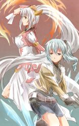 Rule 34 | 10s, 2girls, belt, blue eyes, blue hair, bodysuit, boots, breasts, card, character request, choker, copyright request, dress, fire, gloves, gradient background, green eyes, grey hair, gun, hair ornament, jacket, jewelry, lailah (tales), long hair, multiple girls, necklace, ponytail, short hair, side ponytail, tales of (series), tales of zestiria, very long hair, weapon