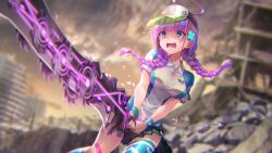 Rule 34 | 1girl, ahoge, aqua eyes, bandaid, bandaid on leg, breasts, clover hair ornament, date akari, four-leaf clover hair ornament, hair ornament, heaven burns red, highres, holding, holding weapon, large breasts, non-web source, official art, purple hair, ruins, scared, skirt, solo, sportswear, sweatdrop, sword, tennis uniform, weapon, wristband