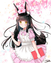 Rule 34 | 1girl, alternate costume, animal ears, azur lane, black hair, blunt bangs, blurry, bow, bowtie, commentary request, depth of field, eyes visible through hair, fox ears, fox girl, fox tail, hat, holding, holding syringe, long hair, looking at viewer, m ko (maxft2), nagato (azur lane), nurse, nurse cap, parted lips, sidelocks, signature, solo, syringe, tail, yellow eyes