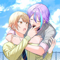 Rule 34 | cloud, cloudy sky, diagonal-striped clothes, diagonal-striped necktie, feeding, hk (wgyz7222), hug, hug from behind, kamishiro rui, long sleeves, multicolored hair, necktie, open mouth, project sekai, school uniform, sky, sleeves rolled up, streaked hair, striped clothes, tenma tsukasa, wonderlands x showtime (project sekai), yaoi, yellow eyes