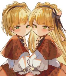 Rule 34 | 1boy, 1girl, blonde hair, blush, bow, bow hairband, bowtie, braid, brown bow, brown bowtie, brown capelet, brown hairband, brown skirt, capelet, closed mouth, commentary, crown braid, green eyes, hair bow, hairband, highres, lobotomy corporation, long hair, long sleeves, looking at viewer, medium hair, migishita, project moon, puffy long sleeves, puffy sleeves, shirt, simple background, skirt, smile, tiphereth a (project moon), tiphereth b (project moon), upper body, very long hair, white background, white shirt