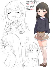 Rule 34 | 1girl, ?, belt, belt buckle, black hair, blunt bangs, blush, breasts, buckle, character sheet, closed mouth, collarbone, crying, eyebrows, female focus, full body, highres, light blush, long hair, long sleeves, looking at viewer, multiple views, okura-chan (at nya5), open mouth, original, parted lips, shirt, shoes, shorts, small breasts, standing, sweater, tears, thighhighs, translation request