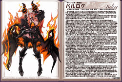 1girl animal_ears aura balrog_(monster_girl_encyclopedia) black_leotard blunt_bangs breasts character_profile cleavage colored_sclera dark-skinned_female dark_skin demon_girl demon_horns demon_tail demon_wings fingernails fire full_body hooves horns kenkou_cross large_breasts leotard long_hair looking_at_viewer low_wings monster_girl monster_girl_encyclopedia multicolored_hair official_art open_mouth orange_eyes orange_hair orange_sclera pointy_ears segmented_horns smile solo tail thighhighs tongue tongue_out twintails white_background white_hair wings