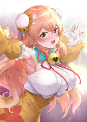 Rule 34 | 1girl, armpits, blonde hair, blush, breasts, bun cover, chinese clothes, crystal shoujo, detached sleeves, double bun, fang, flower, hair between eyes, hair bun, hair flower, hair ornament, highres, hololive, large breasts, long hair, looking at viewer, momosuzu nene, neck bell, open mouth, outstretched arms, red ribbon, ribbon, smile, solo, spread arms, upper body, virtual youtuber, white flower, yellow eyes, yellow sleeves