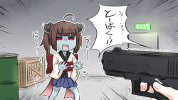 Rule 34 | 2girls, ahoge, barrel, blue skirt, blunt bangs, brown hair, character name, colored skin, commentary request, crate, door, drum (container), emphasis lines, exit sign, grey skin, gun, handgun, headgear, highres, holding, holding gun, holding weapon, indoors, japanese clothes, kimono, long sleeves, multiple girls, neon-tetora, obi, otomachi una, out of frame, pistol, pleated skirt, red eyes, sash, skirt, solo focus, touhoku kiritan, trembling, twintails, v-shaped eyebrows, voiceroid, weapon, white kimono, wide sleeves, zombie