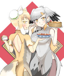 Rule 34 | 10s, 2girls, adapted costume, alternate hairstyle, animal ears, back cutout, bun cover, chestnut mouth, china dress, chinese clothes, clothing cutout, commentary, double bun, dress, extra ears, food, fox ears, fox tail, grey dress, grey hair, hair bun, head wings, highres, john (a2556349), kemono friends, looking at viewer, looking back, mapo tofu, multicolored clothes, multicolored dress, multiple girls, notepad, pencil, shoebill (kemono friends), short hair, short sleeves, shoulder blades, side slit, simple background, sleeveless, sleeveless dress, tail, thighhighs, tibetan fox (kemono friends), wings, yellow eyes