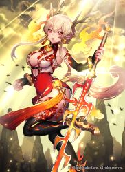 Rule 34 | 1girl, bird, black footwear, black legwear, blonde hair, boots, breasts, cleavage, cloud, company name, covered navel, dragon horns, fire, gyakushuu no fantasica, horns, katagiri hachigou, large breasts, official art, open mouth, pointy ears, red eyes, rock, seven-branched sword, sky, solo, sword, tail, teeth, weapon