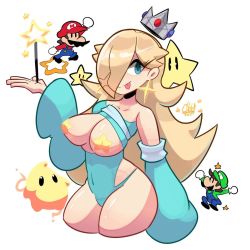 Rule 34 | &iquest;?, 1girl, 2girls, :p, adapted costume, blonde hair, blue eyes, breasts, breasts out, chalo, crown, earrings, eyelashes, facial hair, hair over one eye, hat, jewelry, large breasts, leotard, long hair, luigi, luma (mario), mario, mario (series), multiple girls, mustache, nintendo, pasties, puffy sleeves, rosalina, skin tight, sparkle, star (symbol), super star (mario), super mario galaxy, thick thighs, thighs, tongue, tongue out, wand, white background, wide sleeves