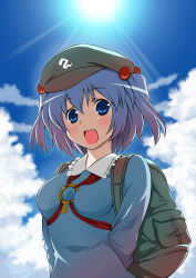 Rule 34 | 1girl, :d, akagiakemi, arms behind back, backpack, bag, blue eyes, blue hair, breasts, cloud, day, dress, fang, female focus, from below, hair bobbles, hair ornament, hat, kawashiro nitori, matching hair/eyes, open mouth, outdoors, randoseru, short hair, sky, smile, solo, sun, touhou, twintails, two side up