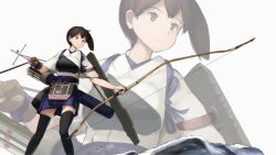 Rule 34 | 10s, 1girl, arrow (projectile), bow (weapon), brown eyes, brown hair, eyecatch, flight deck, gloves, hakama, hakama short skirt, hakama skirt, highres, japanese clothes, kaga (kancolle), kantai collection, muneate, non-web source, official art, partially fingerless gloves, partly fingerless gloves, shibafu (glock23), side ponytail, skirt, solo, weapon, yugake, zoom layer