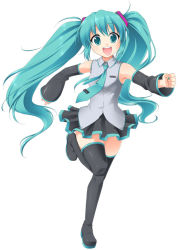 Rule 34 | 1girl, aqua eyes, aqua hair, detached sleeves, female focus, full body, hatsune miku, long hair, manji taba, necktie, simple background, skirt, smile, solo, thighhighs, twintails, very long hair, vocaloid, white background