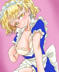 Rule 34 | 1girl, apron, blonde hair, bra, breasts, cleavage, closed mouth, colored eyelashes, covered erect nipples, large breasts, looking at viewer, maid apron, maid headdress, mugetsu (touhou), open clothes, pink background, puffy short sleeves, puffy sleeves, s-a-murai, short hair, short sleeves, smile, solo, touhou, touhou (pc-98), underwear, waist apron, white apron, white bra, yellow eyes