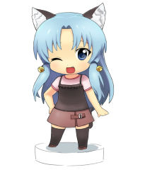 Rule 34 | 1girl, animal ears, bell, blue eyes, blue hair, cat ears, cat tail, chibi, fang, faux figurine, hand on own hip, jingle bell, matching hair/eyes, nendoroid, one eye closed, open mouth, original, simple background, skirt, smile, solo, tail, thighhighs, tonbi, white background, wink, yuki (tonbi), zettai ryouiki