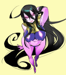Rule 34 | 1girl, arm behind head, arm up, bad id, bad pixiv id, bare shoulders, black hair, breasts, bright pupils, colored skin, copyright request, covered erect nipples, full body, hair between eyes, hair over shoulder, large breasts, lips, long hair, looking at viewer, navel, parted lips, pink eyes, pink skin, same (g shark), simple background, sketch, smile, solo, standing, very long hair, yellow background