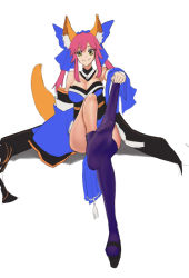 Rule 34 | 10s, 1girl, animal ears, bare shoulders, bow, breasts, cleavage, detached collar, detached sleeves, drawfag, fate/extra, fate (series), fox ears, fox tail, hair bow, japanese clothes, large breasts, looking at viewer, pink hair, purple legwear, single shoe, sitting, solo, tail, tamamo no mae (fate/extra), thighhighs pull, toes, twintails, undressing, yellow eyes