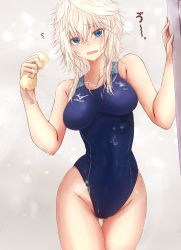 Rule 34 | 1girl, alternate costume, bare arms, bare shoulders, blonde hair, blue eyes, blue one-piece swimsuit, blush, breasts, collarbone, competition swimsuit, covered navel, cowboy shot, embarrassed, eyebrows, female focus, flying sweatdrops, groin, highres, holding, izayoi sakuya, medium breasts, messy hair, mickey dunn, mizuno (brand), no headwear, one-piece swimsuit, open mouth, short hair with long locks, sidelocks, soap, solo, standing, swimsuit, thigh gap, thighs, touhou, translation request, water, water drop, wavy mouth, wet, wet clothes, wet hair, wet swimsuit