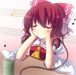 Rule 34 | 1girl, ascot, bad id, bad pixiv id, blush, bow, brown hair, head rest, cup, detached sleeves, closed eyes, female focus, hair bow, hair tubes, hakurei reimu, headphones, japanese clothes, listening to music, miko, musical note, shefu, smile, solo, steam, table, touhou
