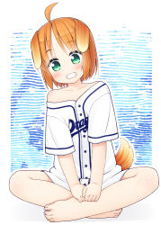 Rule 34 | 1girl, ahoge, animal ears, barefoot, blush, brown hair, chunichi dragons, collarbone, commentary request, dog ears, dog girl, dog tail, full body, green eyes, grin, inuarashi, leaning to the side, looking at viewer, meiko (inuarashi), nippon professional baseball, off shoulder, original, shirt, short hair, short sleeves, sitting, smile, solo, striped, striped background, tail, white shirt, wide sleeves