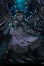 Rule 34 | 1girl, bad id, bad twitter id, breasts, dragon claw, dragon girl, dragon horns, dragon wings, dress, glowing, glowing eyes, green eyes, green hair, hair between eyes, highres, horns, kanashi kumo, long hair, looking at viewer, navel, night, open mouth, original, outdoors, small breasts, solo, torn clothes, torn dress, very long hair, white dress, wings